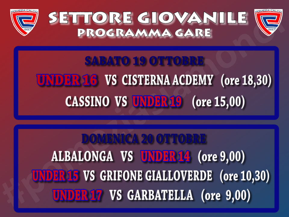 Il programma gare del weekend 19-20 ottobre